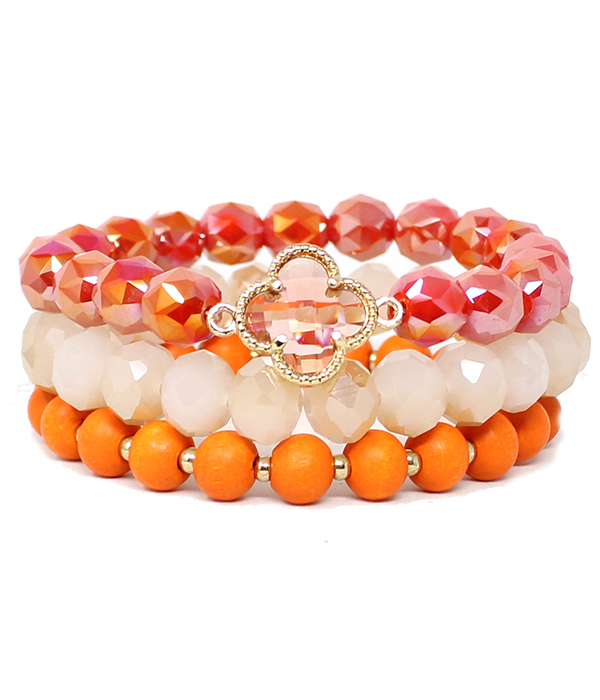 Quatrefoil pendant and wood and acrylic ball mix 3 stretch bracelet set