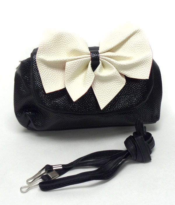 Big bow accent leatherette double zipper messenger bag