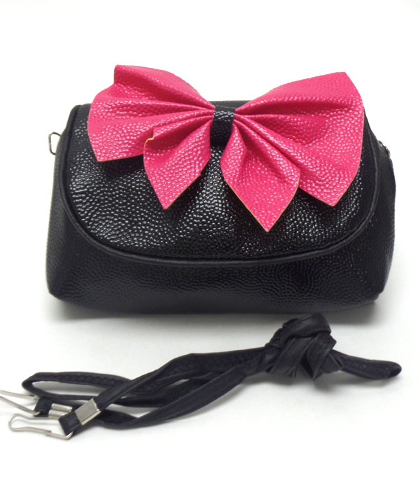 Big bow accent leatherette double zipper messenger bag