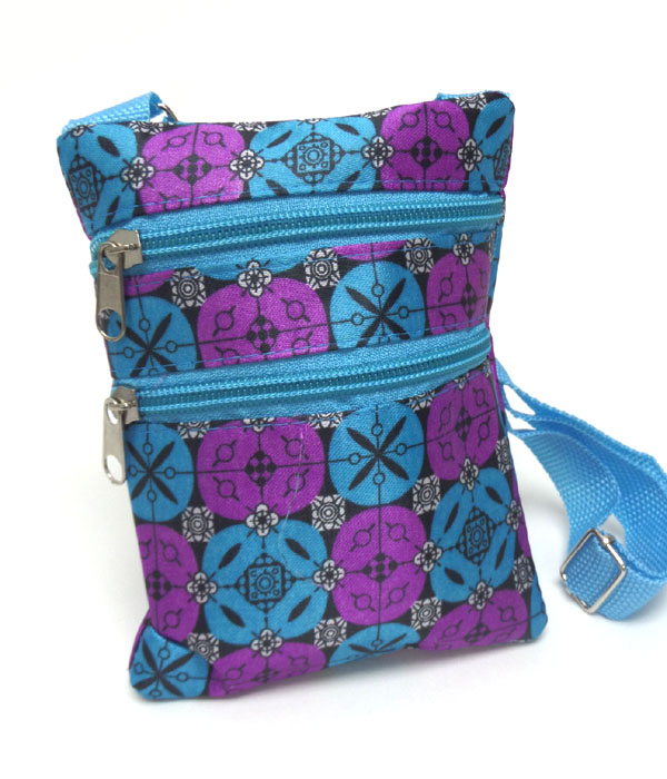 Multi circle print folkloric double zipper messenger bag