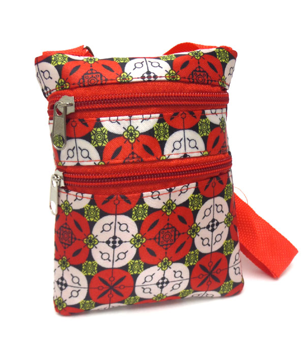 Multi circle print folkloric double zipper messenger bag