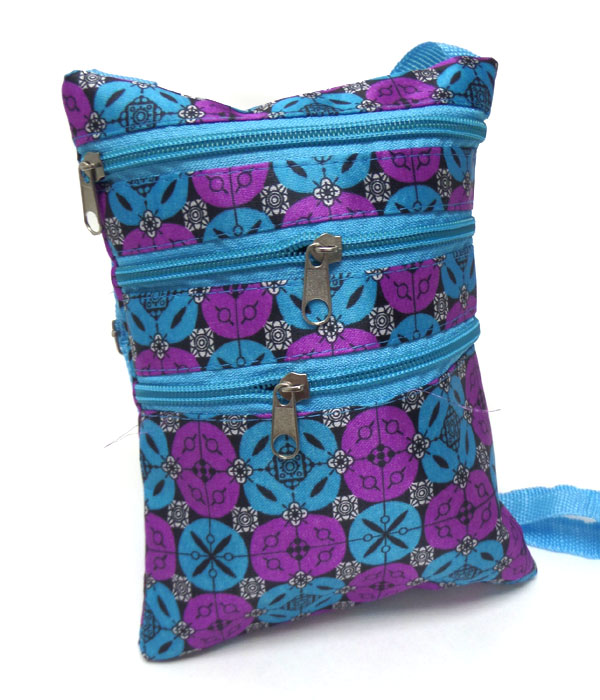 Multi circle print folkloric triple zipper messenger bag