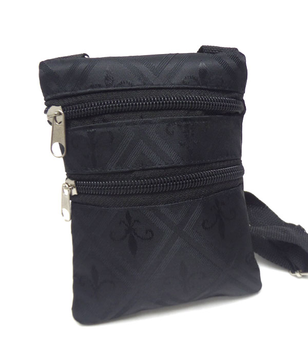 Fleur de lis print double zipper messenger bag