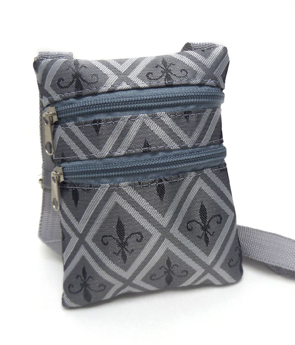 Fleur de lis print double zipper messenger bag
