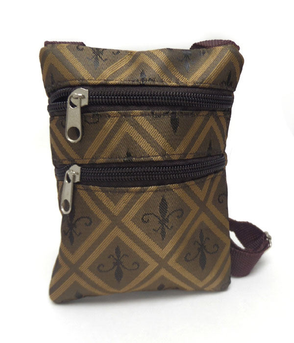Fleur de lis print double zipper messenger bag