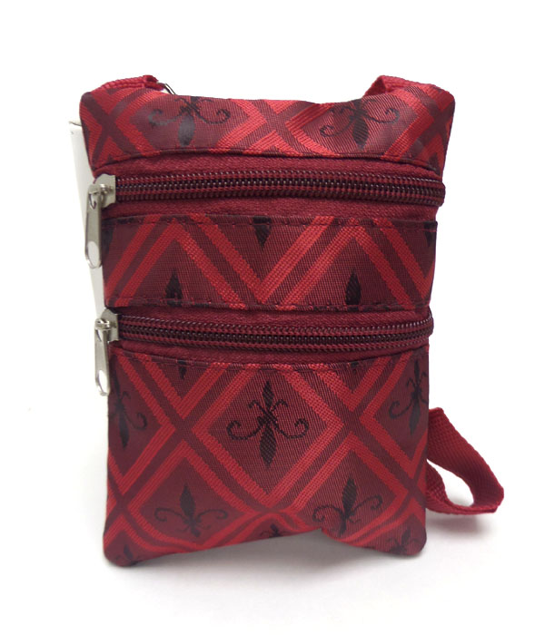 Fleur de lis print double zipper messenger bag