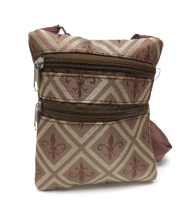 Fleur de lis print double zipper messenger bag