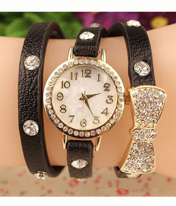Crystal stud leather wrap fashion watch 