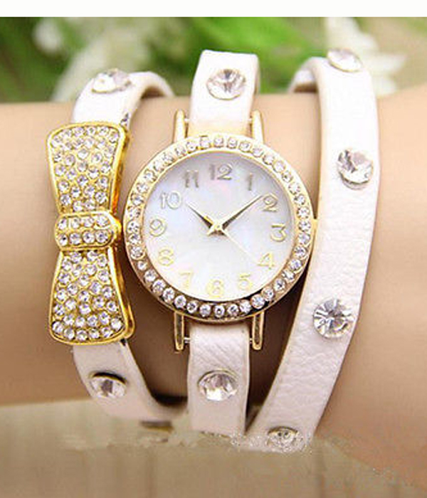 Crystal stud leather wrap fashion watch 