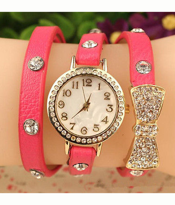 Crystal stud leather wrap fashion watch
