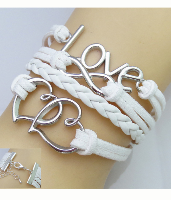 Multi row leather wrap bracelet - love heart