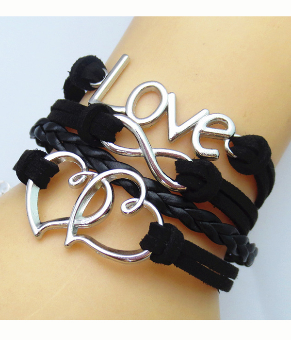 Multi row leather wrap bracelet - love heart