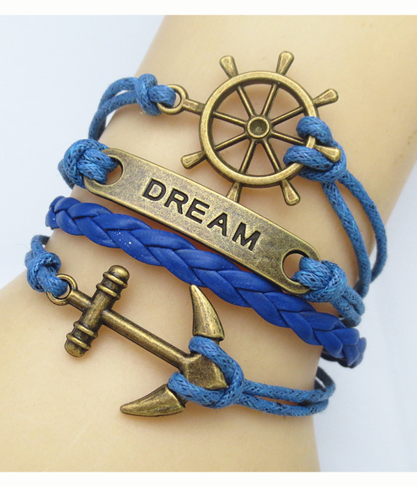 Multi row leather wrap bracelet - anchor wheel