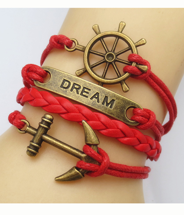 Multi row leather wrap bracelet - anchor wheel