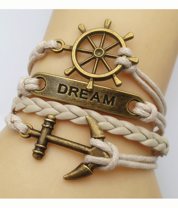 Multi row leather wrap bracelet - anchor wheel