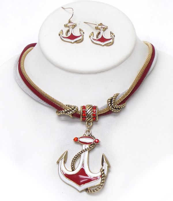 3 layer tube chain anchor drop necklace set