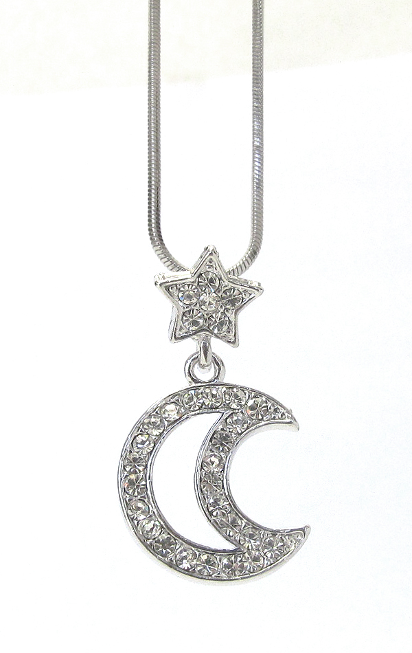WHITEGOLD PLATING CRYSTAL STAR AND MOON PENDANT NECKLACE