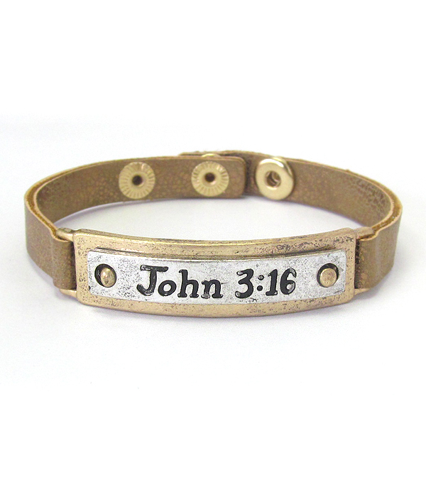 Religious inspiration leatherette button bracelet - john 3:16