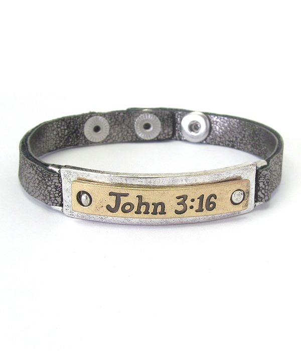 Religious inspiration leatherette button bracelet - john 3:16