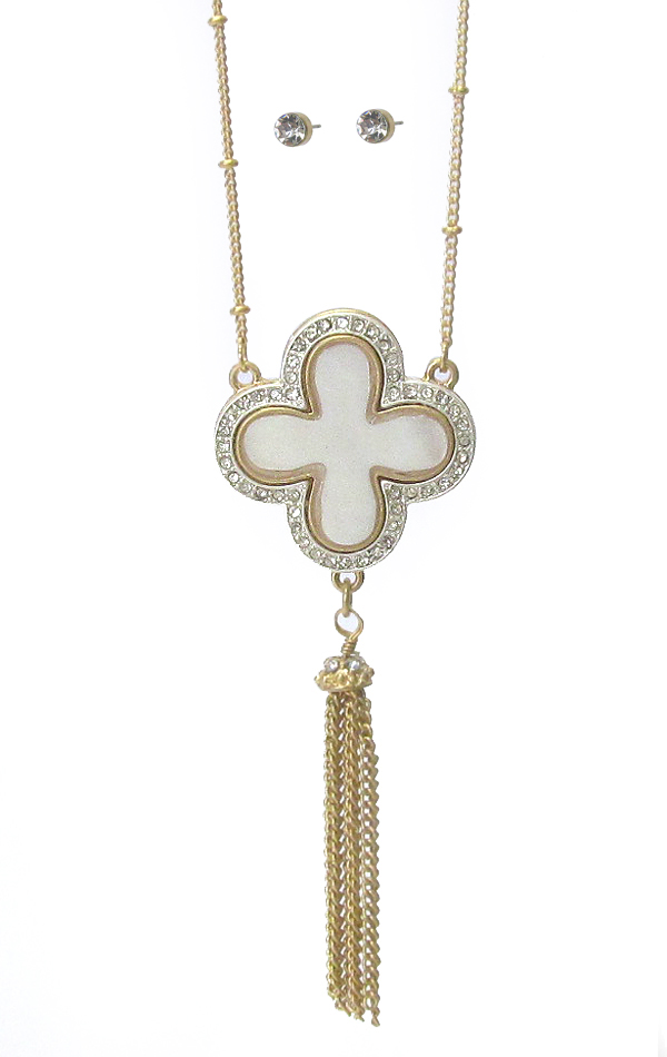 Mop and crystal pendant tassel drop necklace set