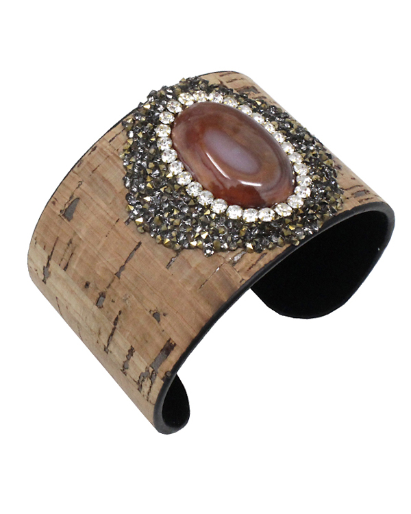 Semi precious stone and multi crystal cork texture wide bangle bracelet