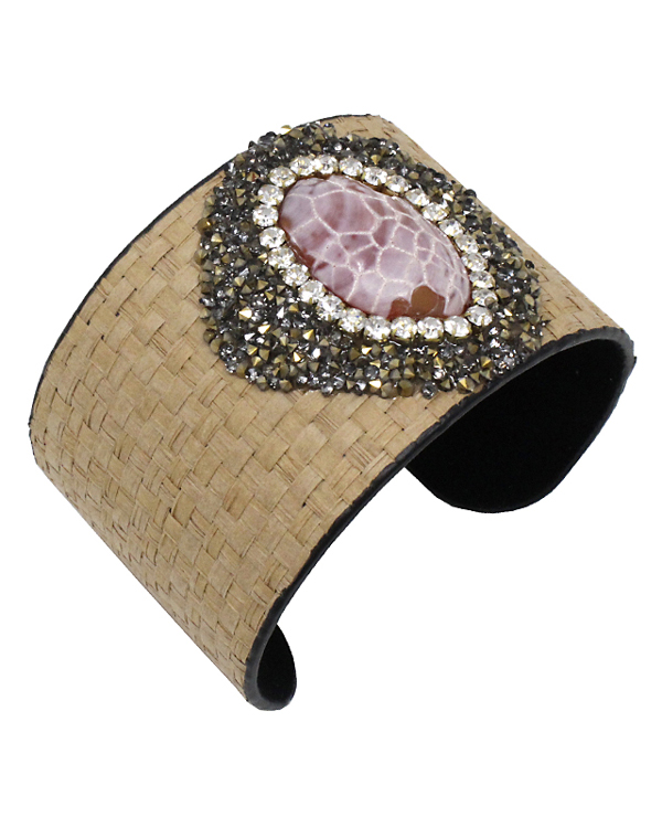 Semi precious stone and crystal rattan textured wide bangle bracelet