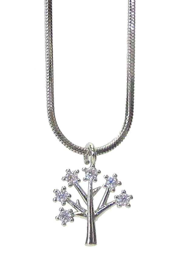 WHITEGOLD PLATING CRYSTAL TREE OF LIFE PENDANT NECKLACE