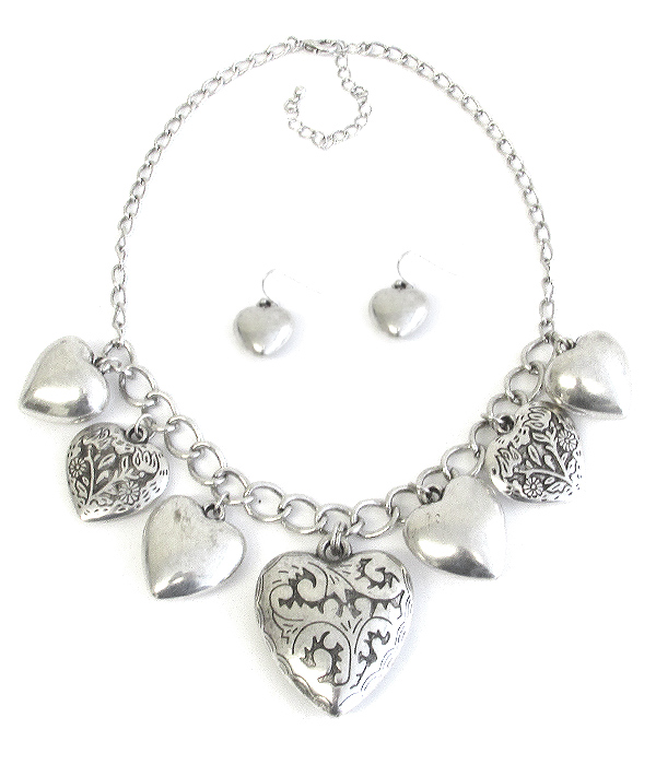 MULTI PUFFY HEART DANGLE NECKLACE SET