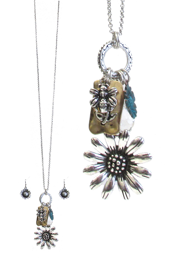 GARDEN THEME MULI CHARM PENDANT LONG NECKLACE SET - FLOWER