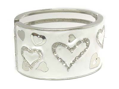 Crystal stud heart deco enameled wide metal hinge bangle