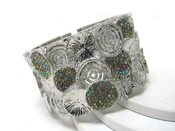 Crystal deco multi disk art wide stretch bracelet