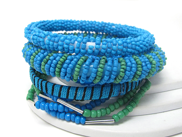 Seed bead and fabric cord wrap multi bangle stackable bracelet set - free wrap style