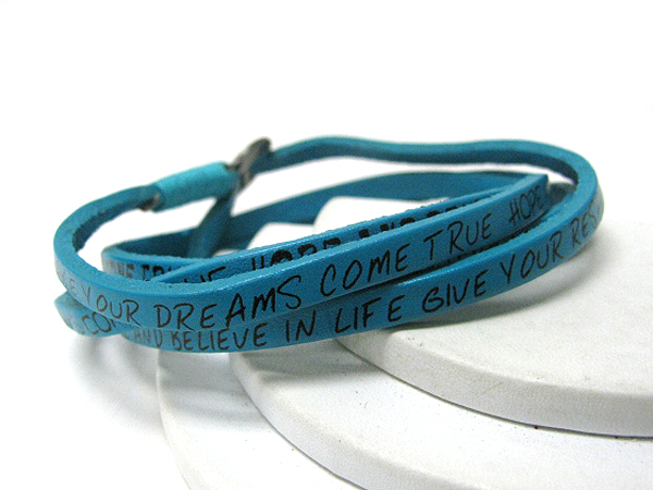 Synthtic leather coiled message friendship bracelet - hope and believe in life - free wrap style