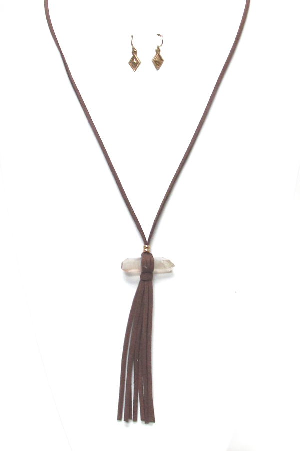 Genuine stone suede tassel drop necklace set 