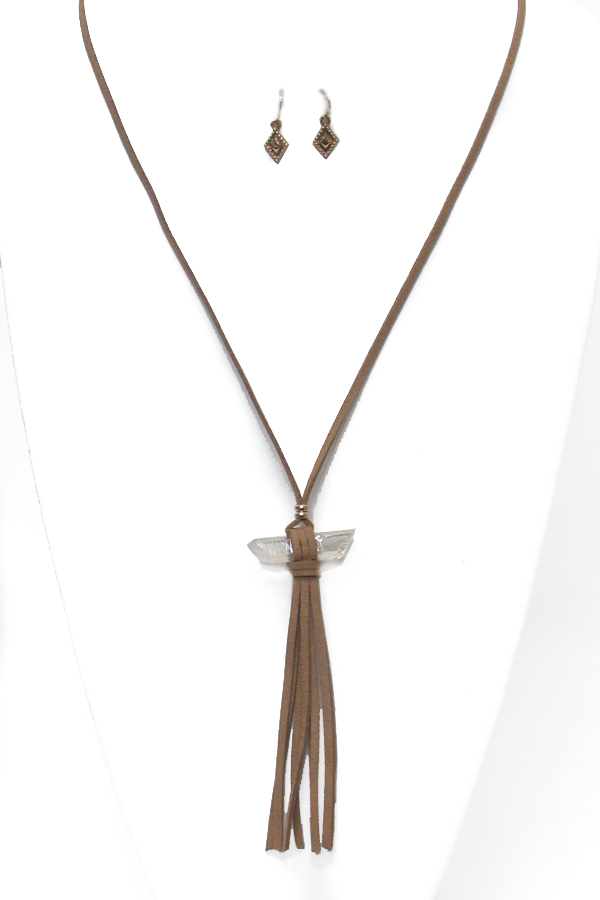 Genuine stone suede tassel drop necklace set 