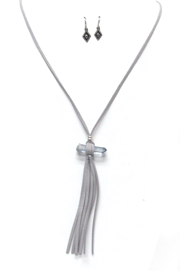 Genuine stone suede tassel drop necklace set 