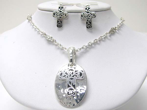 Textured metal cross engraved oval pendant chain necklace earring set