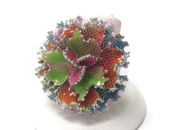 ENAMEL METAL AND FABRIC MIX FLOWER  STRETCH RING