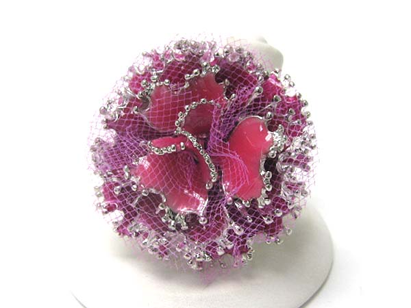 Enamel metal and fabric mix flower  stretch ring