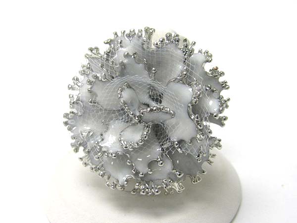 ENAMEL METAL AND FABRIC MIX FLOWER  STRETCH RING