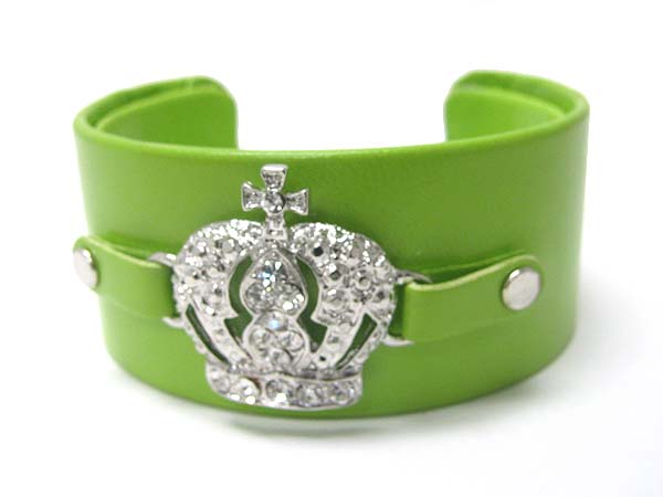 Crystal crown faux leather wrap metal cuff bangle?