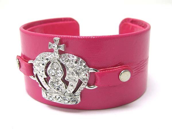 Crystal crown faux leather wrap metal cuff bangle?