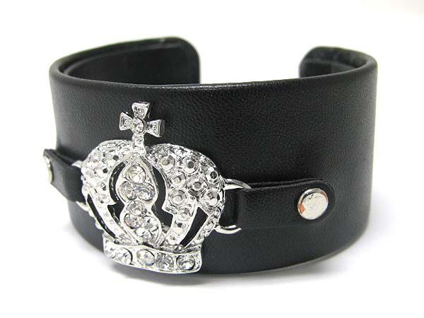 Crystal crown faux leather wrap metal cuff bangle?