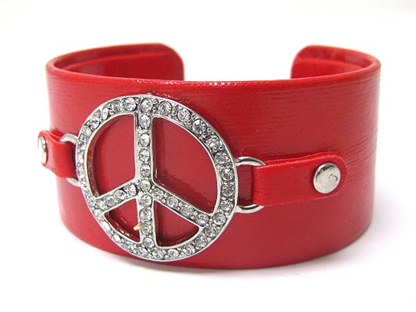Crystal peace mark faux leather wrap metal cuff bangle?