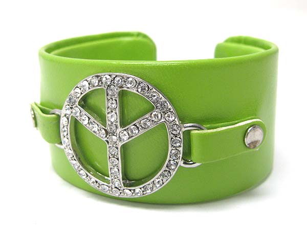 Crystal peace mark faux leather wrap metal cuff bangle?
