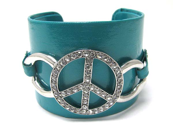Crystal peace mark faux leather wrap metal cuff bangle?