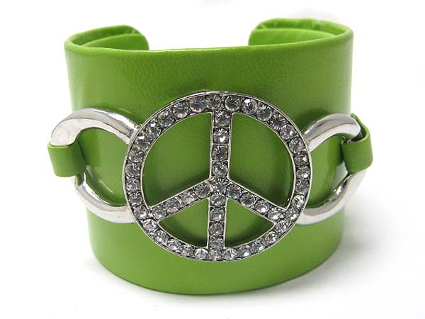 Crystal peace mark faux leather wrap metal cuff bangle?