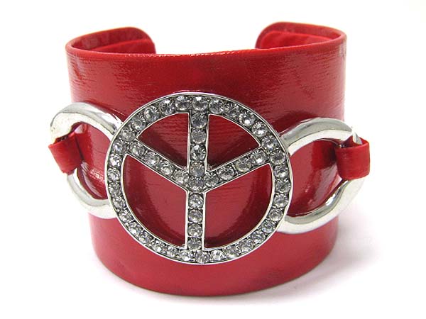 Crystal peace mark faux leather wrap metal cuff bangle?