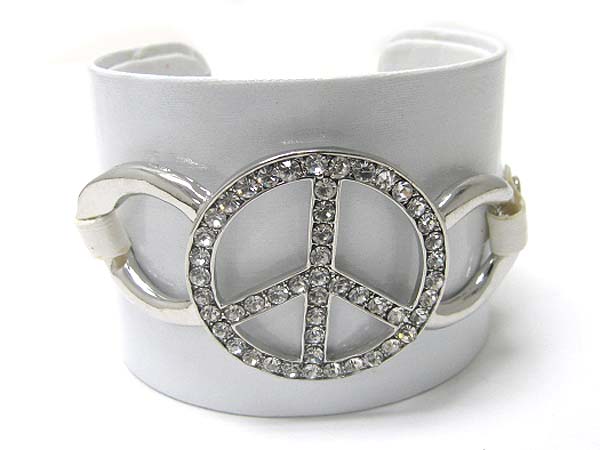Crystal peace mark faux leather wrap metal cuff bangle?