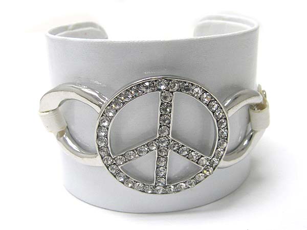 CRYSTAL PEACE MARK FAUX LEATHER WRAP METAL CUFF BANGLE?